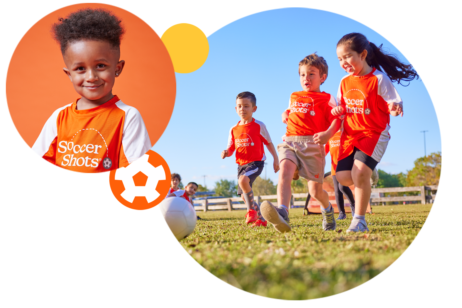 Boy in Soccer Shots jersey smiling; Group of children running towards soccer ball