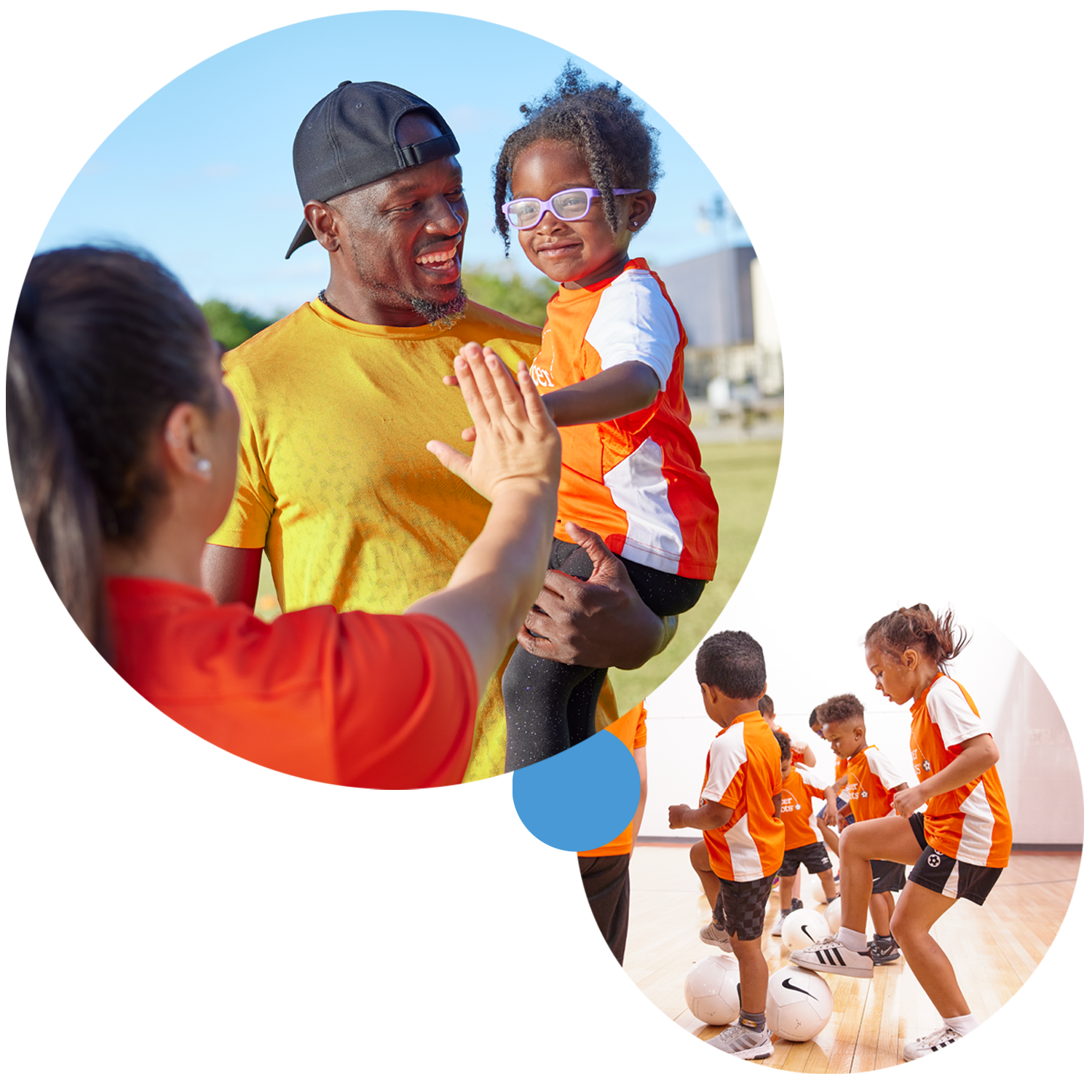 Dad holding his daughter giving a high-five to a coach; Children indoors practicing toe taps