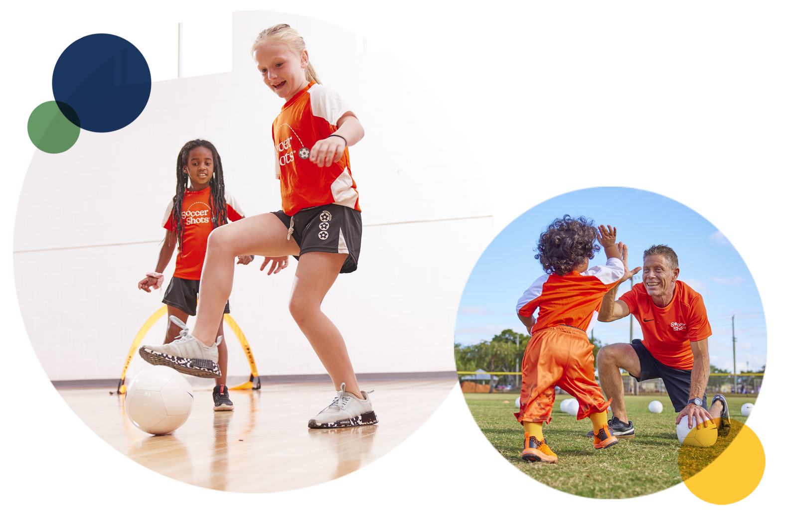 Two girls indoors scrimmaging in Soccer Shots jerseys; Little boy giving a Soccer Shots coach a high-five