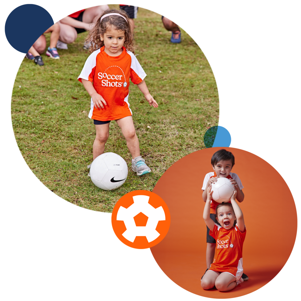 Little girl in Soccer Shots jersey dribbling a soccer ball; Boy and girl laughing with soccer ball