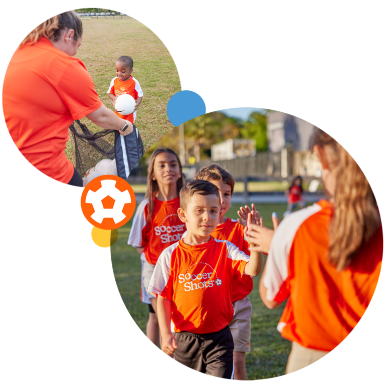 Child help coach pick up soccer balls; Row of children giving high-fives