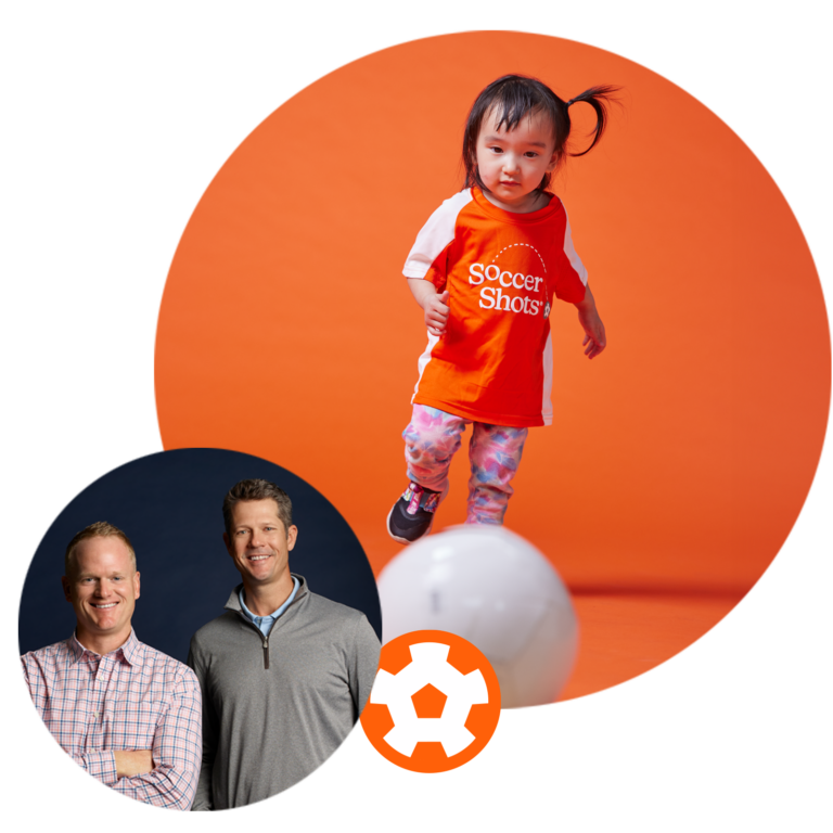 Little girl in Soccer Shots jersey kicking a soccer ball; Jason Webb and Justin Bredeman