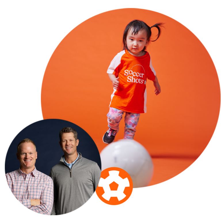 Little girl in Soccer Shots jersey kicking a soccer ball; Jason Webb and Justin Bredeman